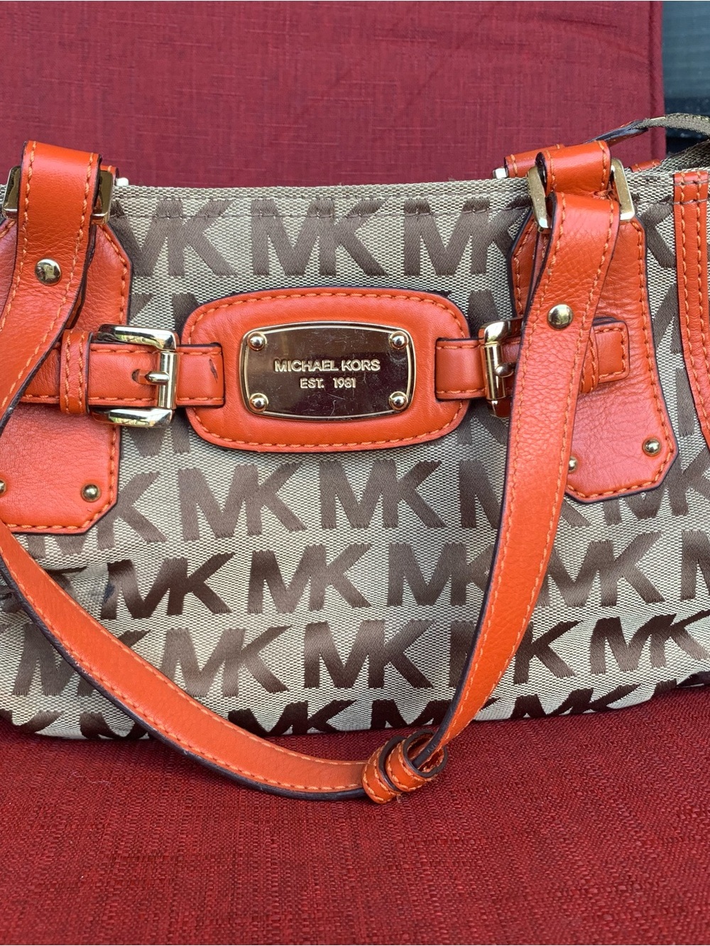 Michael Kors Brown MK Logo Shoulder Bag with Orange Trim